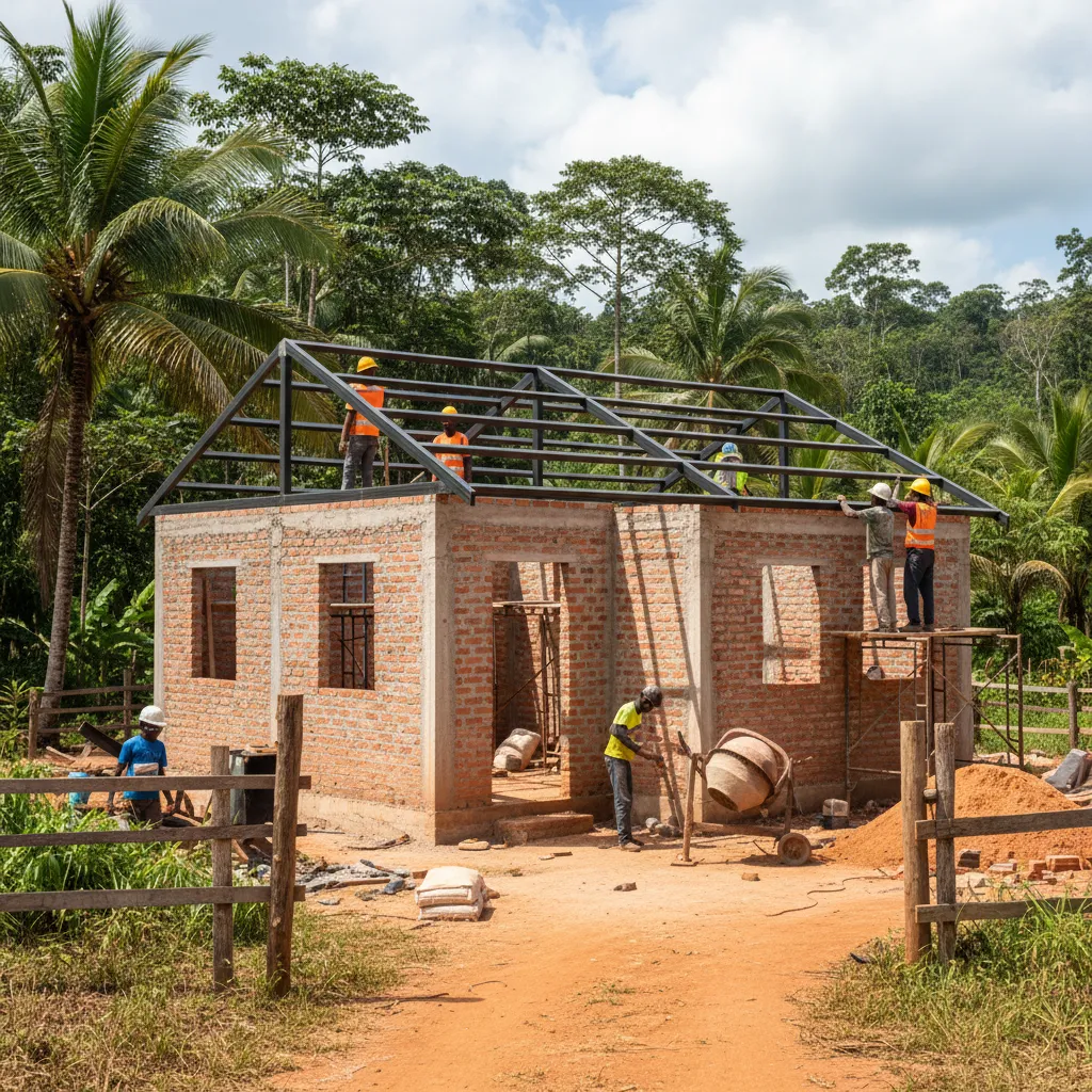Proses pembangunan rumah kecil dengan material sederhana