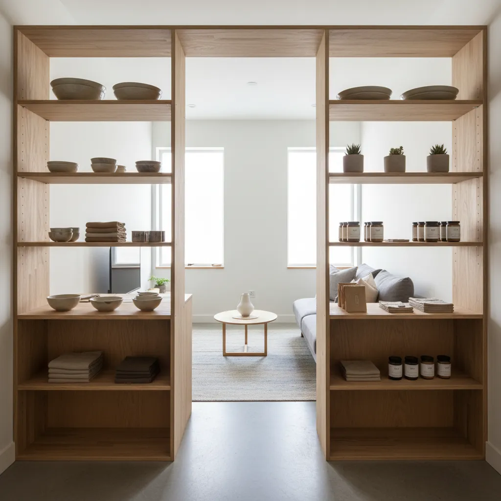 Wooden room divider shelves with bowls and plants looking into a bright modern living room area