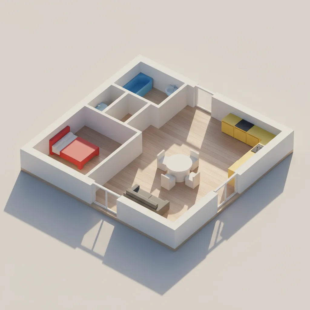 3D apartment layout with red bed blue bathtub yellow kitchen grey sofa and dining set