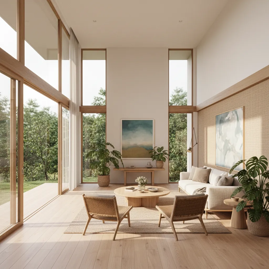 Modern living room with large windows wooden floor beige sofa round coffee table and plants