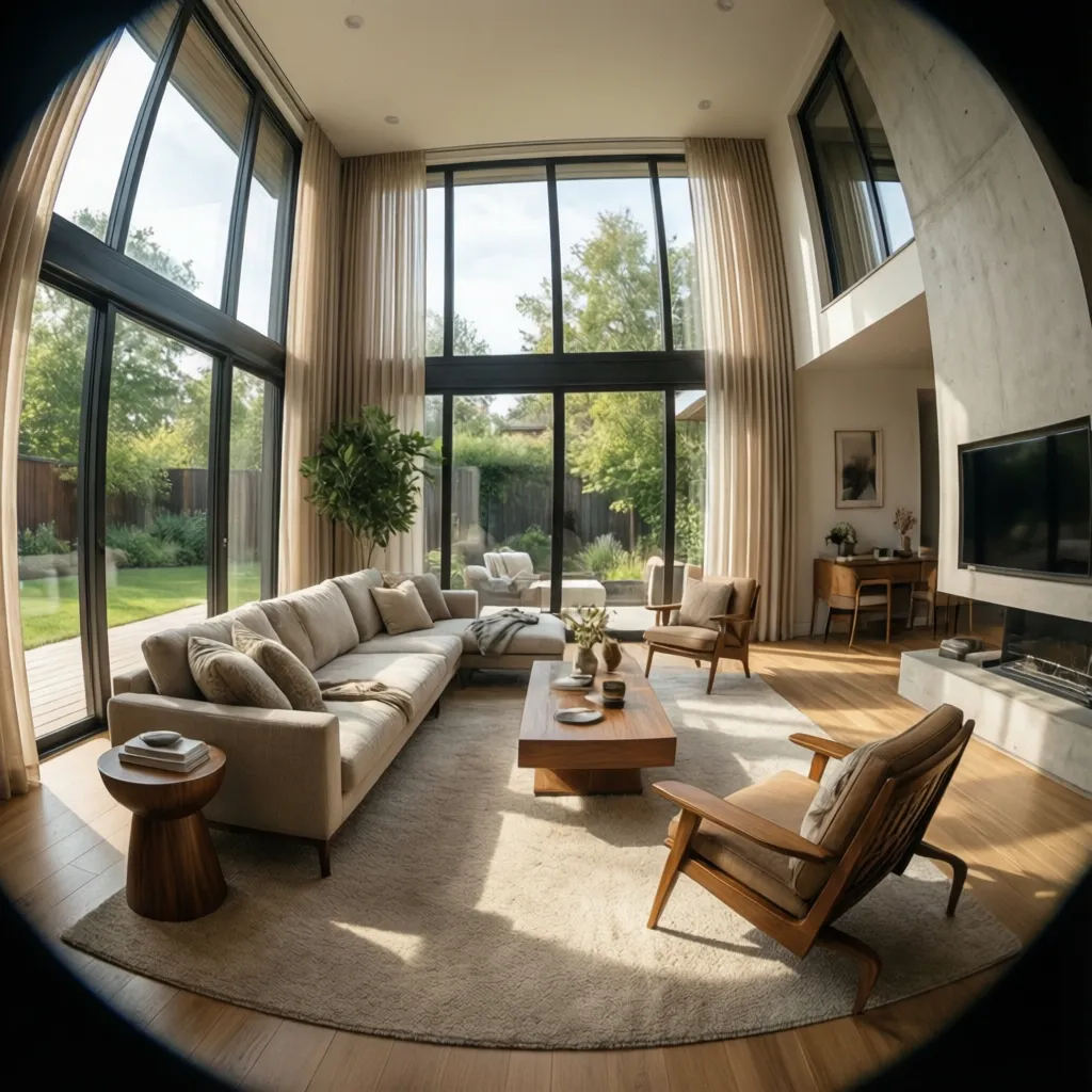 Modern living room with tall windows grey sofa wooden coffee table two armchairs and sunlight
