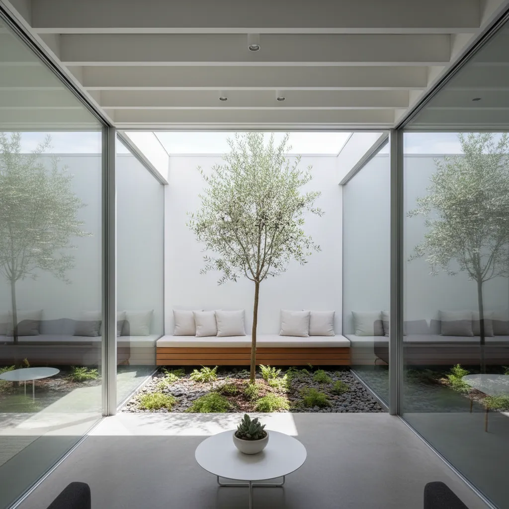 Modern indoor courtyard with a small tree and wooden bench surrounded by large glass windows