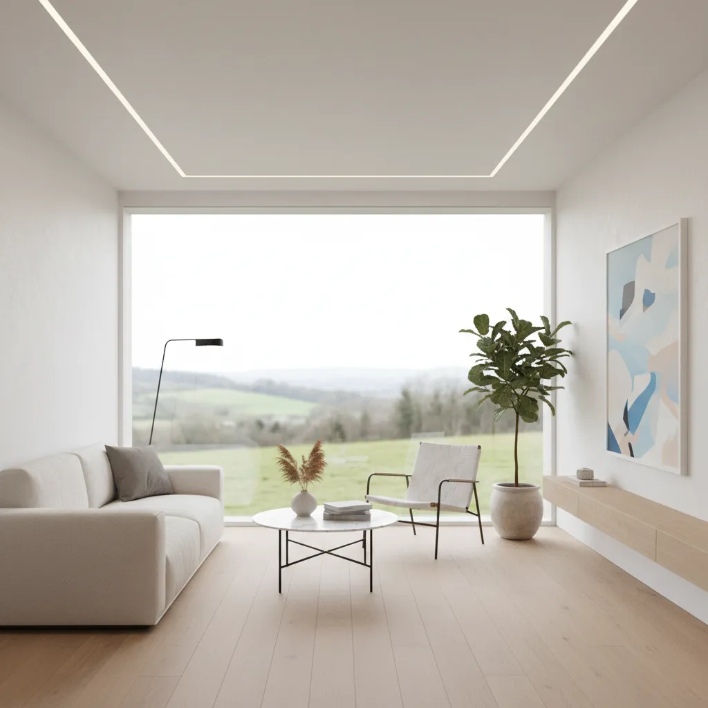 Interior rumah kecil dengan jendela besar dan cahaya alami