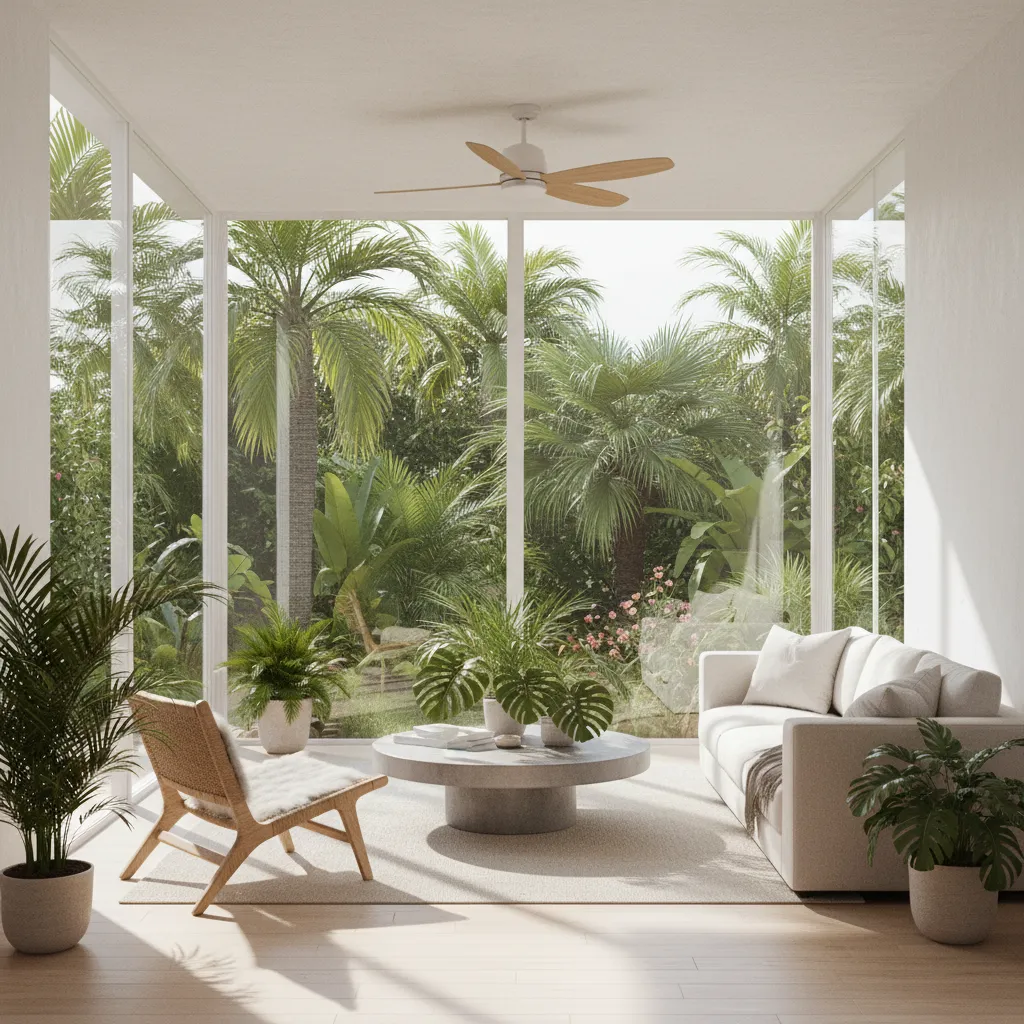Interior rumah kecil dengan jendela besar dan cahaya alami