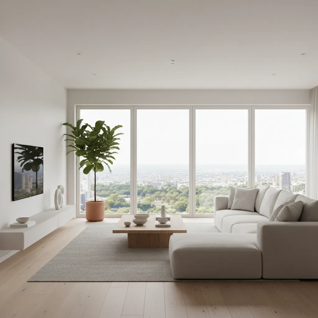 Minimalist living room with white sofa, wooden coffee table, large windows, and a green plant