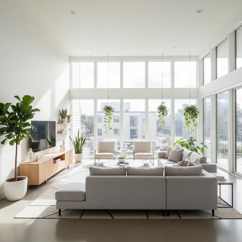 Bright modern living room with large windows gray sofa wooden cabinet and lush green plants