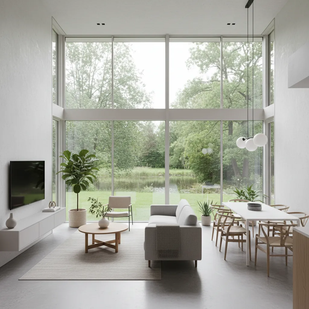 Rumah kecil dengan jendela besar dan pencahayaan alami