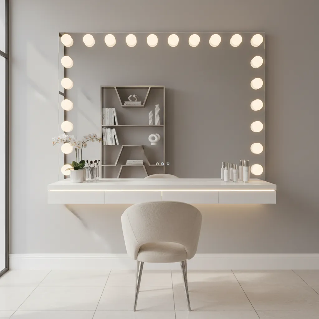 Cermin salon dengan lampu pencahayaan di sekelilingnya