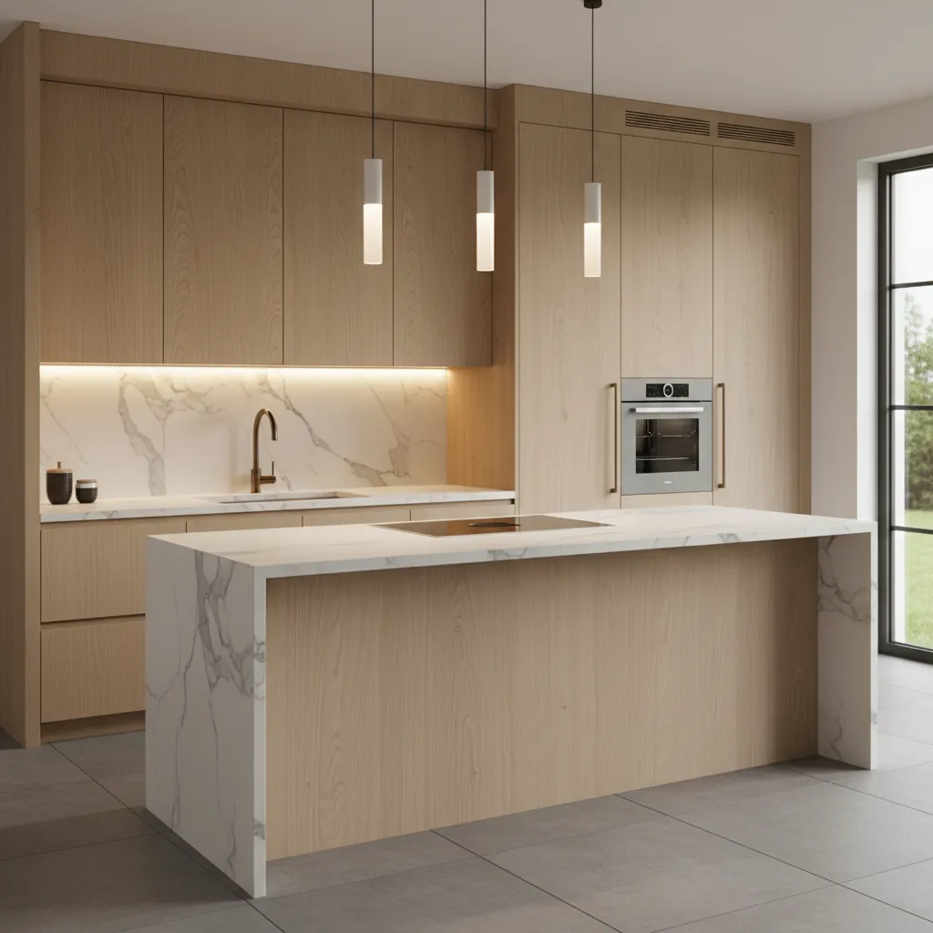 Modern kitchen with wooden cabinets marble island hanging light fixtures oven and grey floor tiles