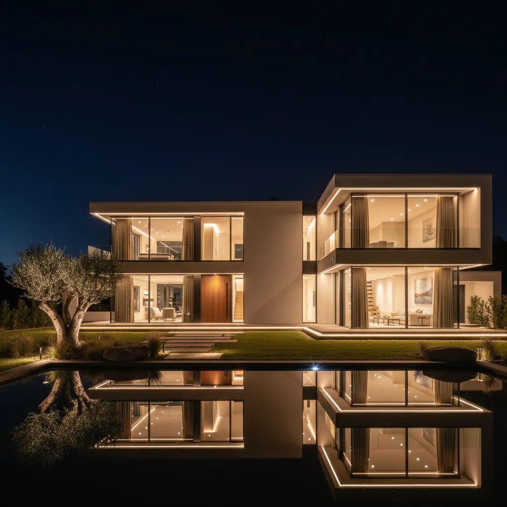 Pencahayaan fasad rumah modern pada malam hari