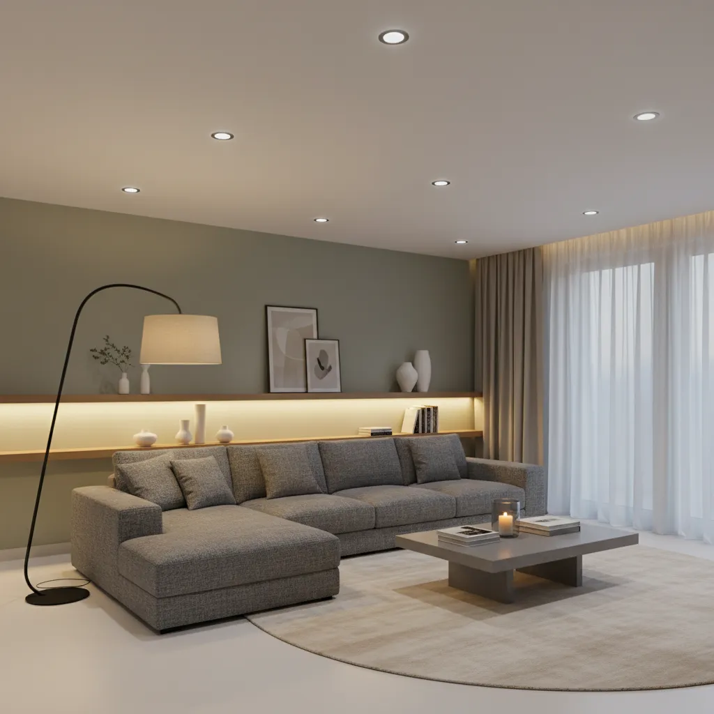 Modern living room with grey sofa floor lamp coffee table round rug and white lights