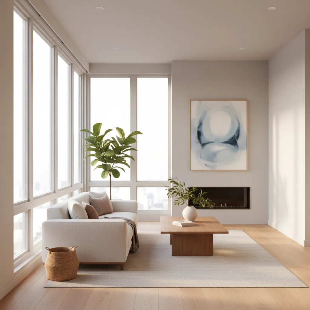 Bright living room with white sofa wooden coffee table large windows fireplace and green plant