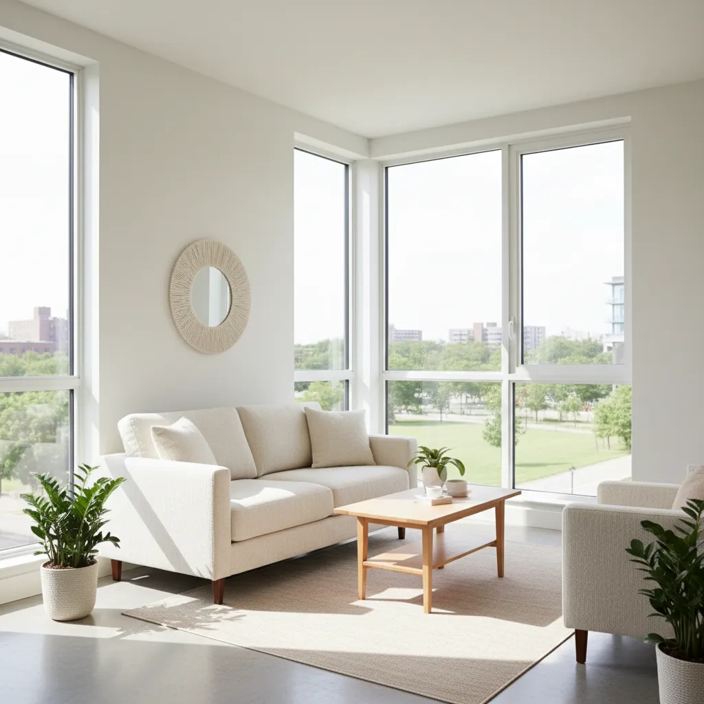 Ruang tamu rumah kecil dengan jendela besar dan cahaya alami