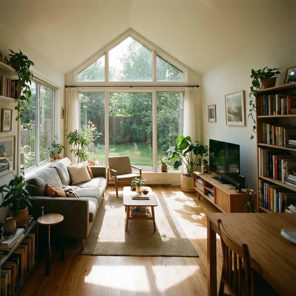 Interior rumah kecil dengan pencahayaan alami