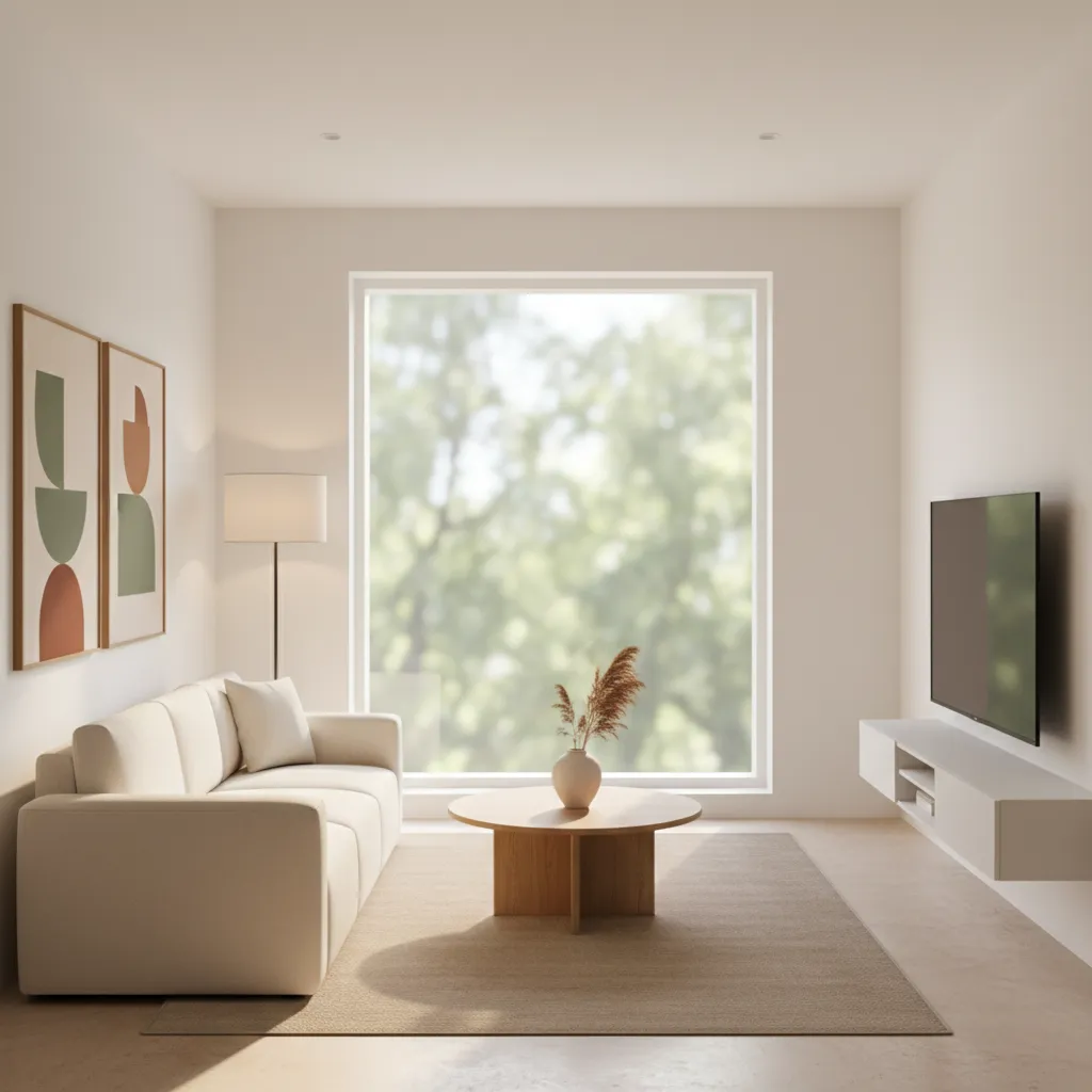 Ruang tamu rumah kecil dengan jendela besar dan cahaya alami
