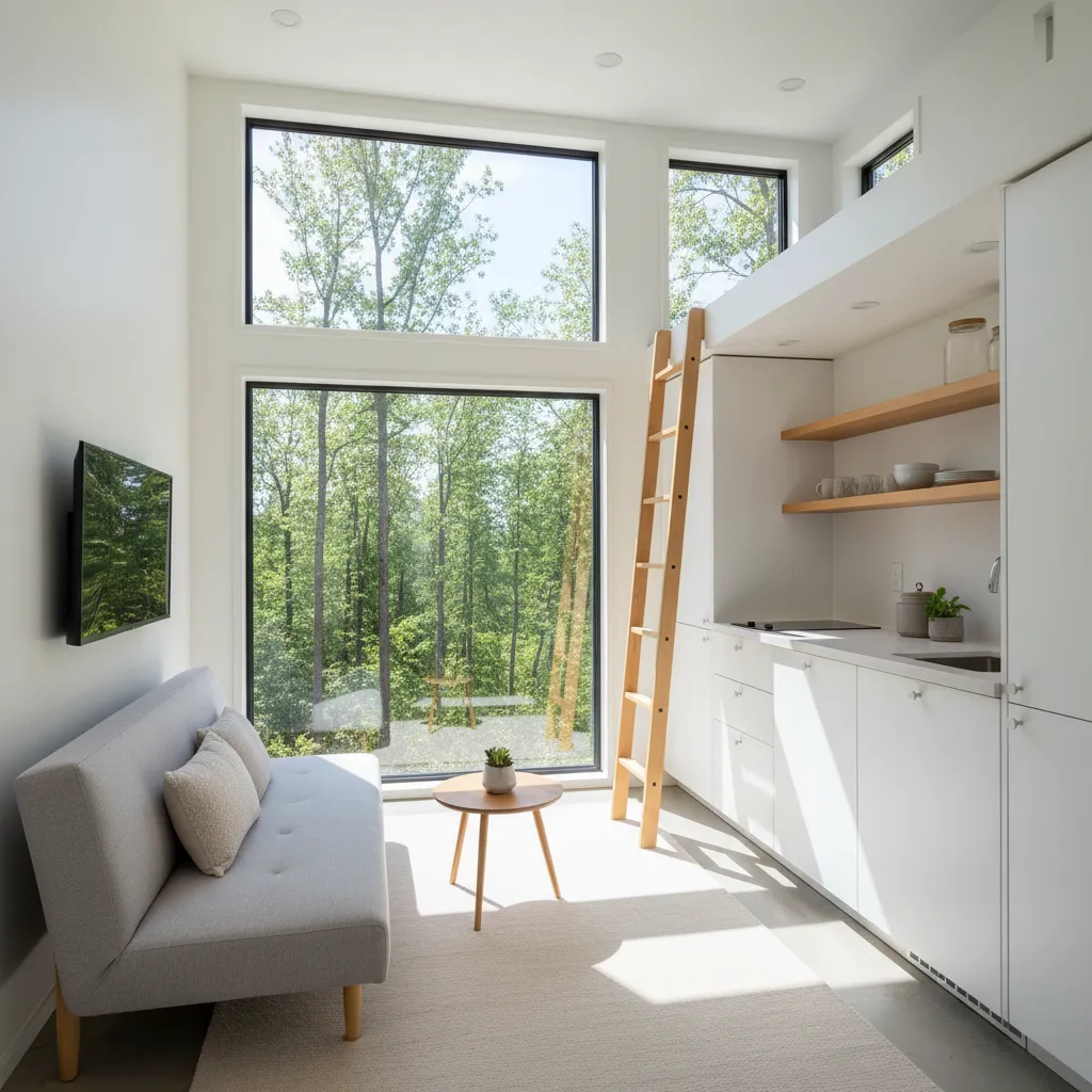 Small modern living room and kitchen with white cabinets wooden ladder grey sofa and windows