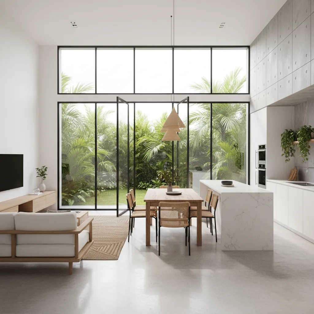 Open plan living room with white sofa wooden dining table marble kitchen island garden view