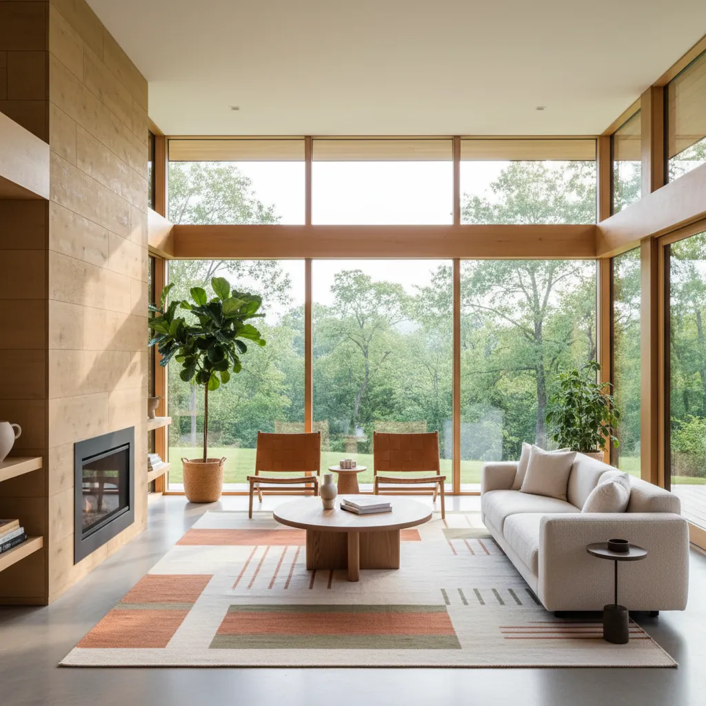 Modern living room with white sofa and wooden walls showing large windows and forest view