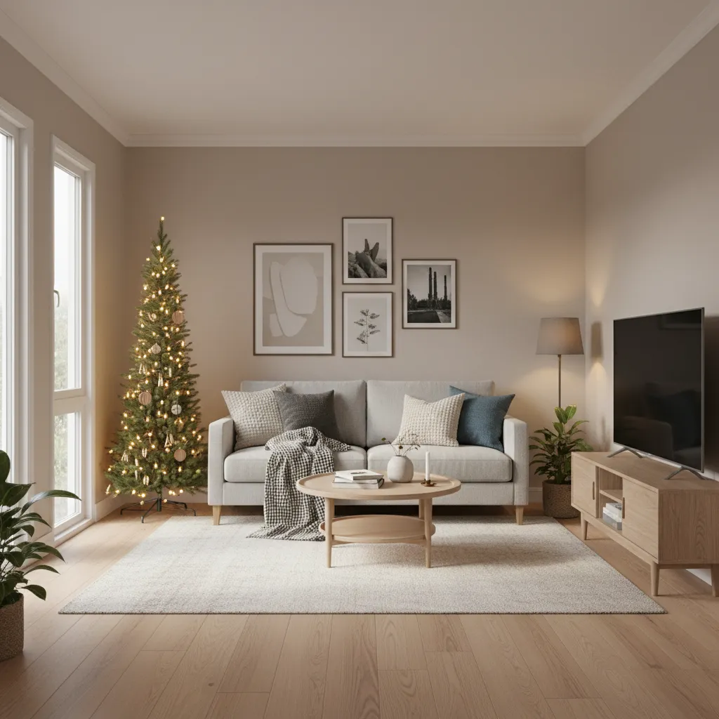 Slim pencil Christmas tree placed beside a sofa in a compact living room