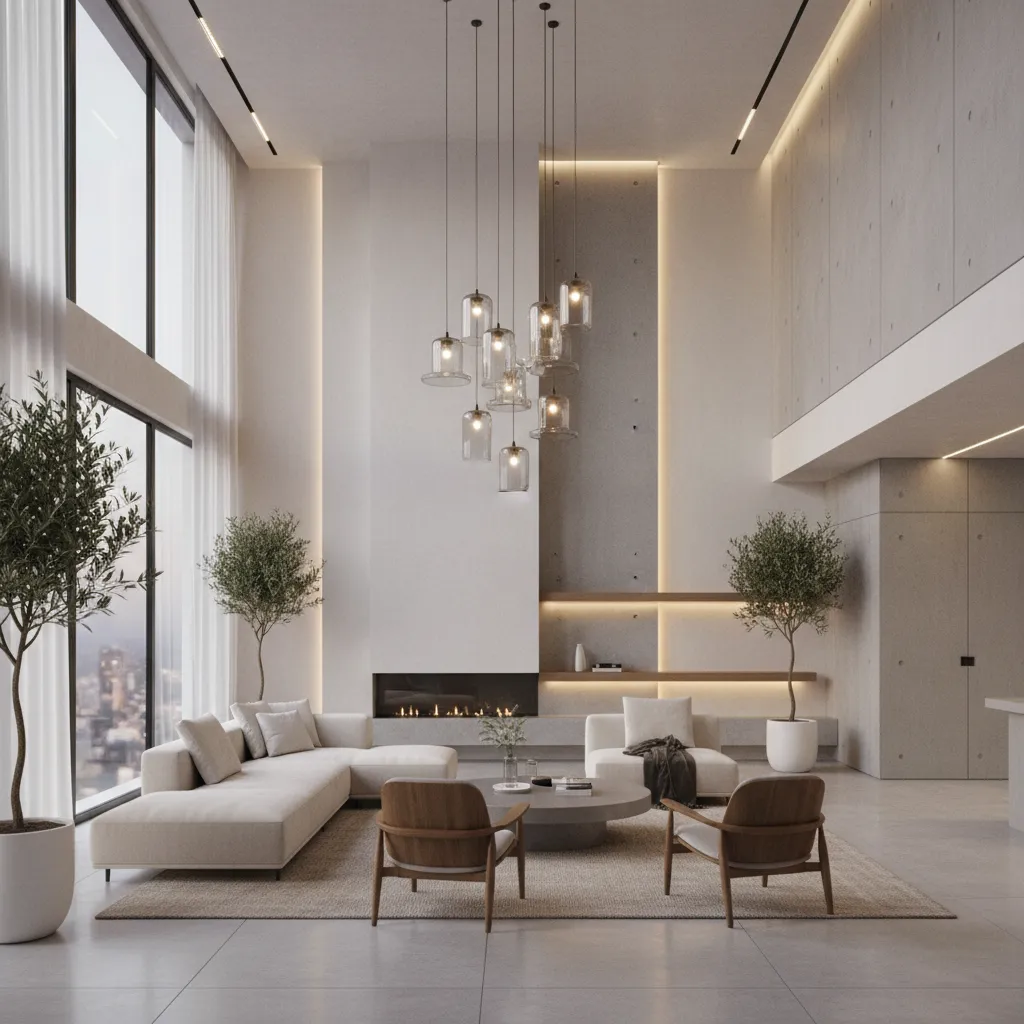 Cluster pendant lights hanging above seating area in tall living room