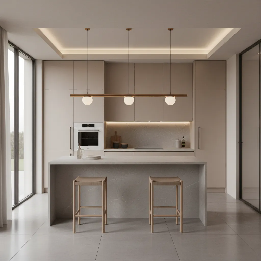 Kitchen pendant lights hanging above island showing correct height and spacing
