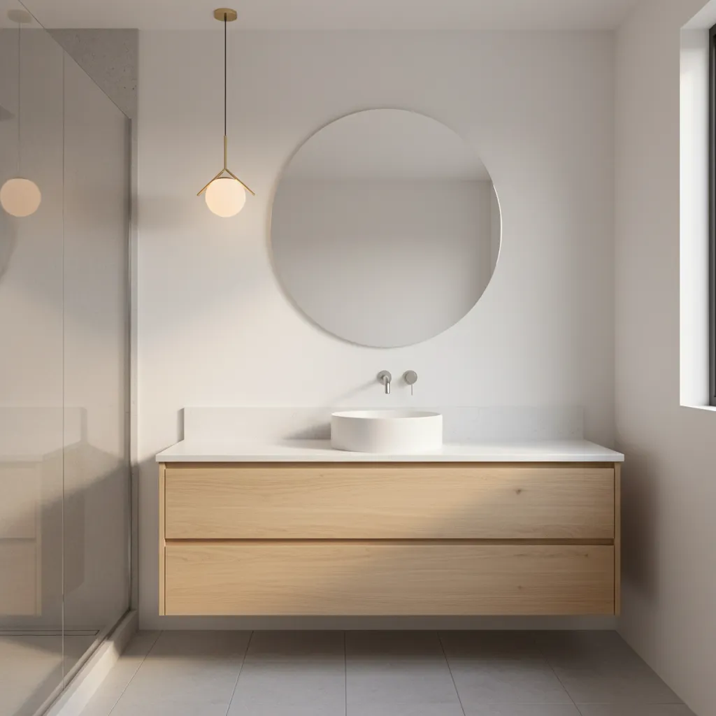 Small bathroom vanity with pendant lighting positioned near eye level
