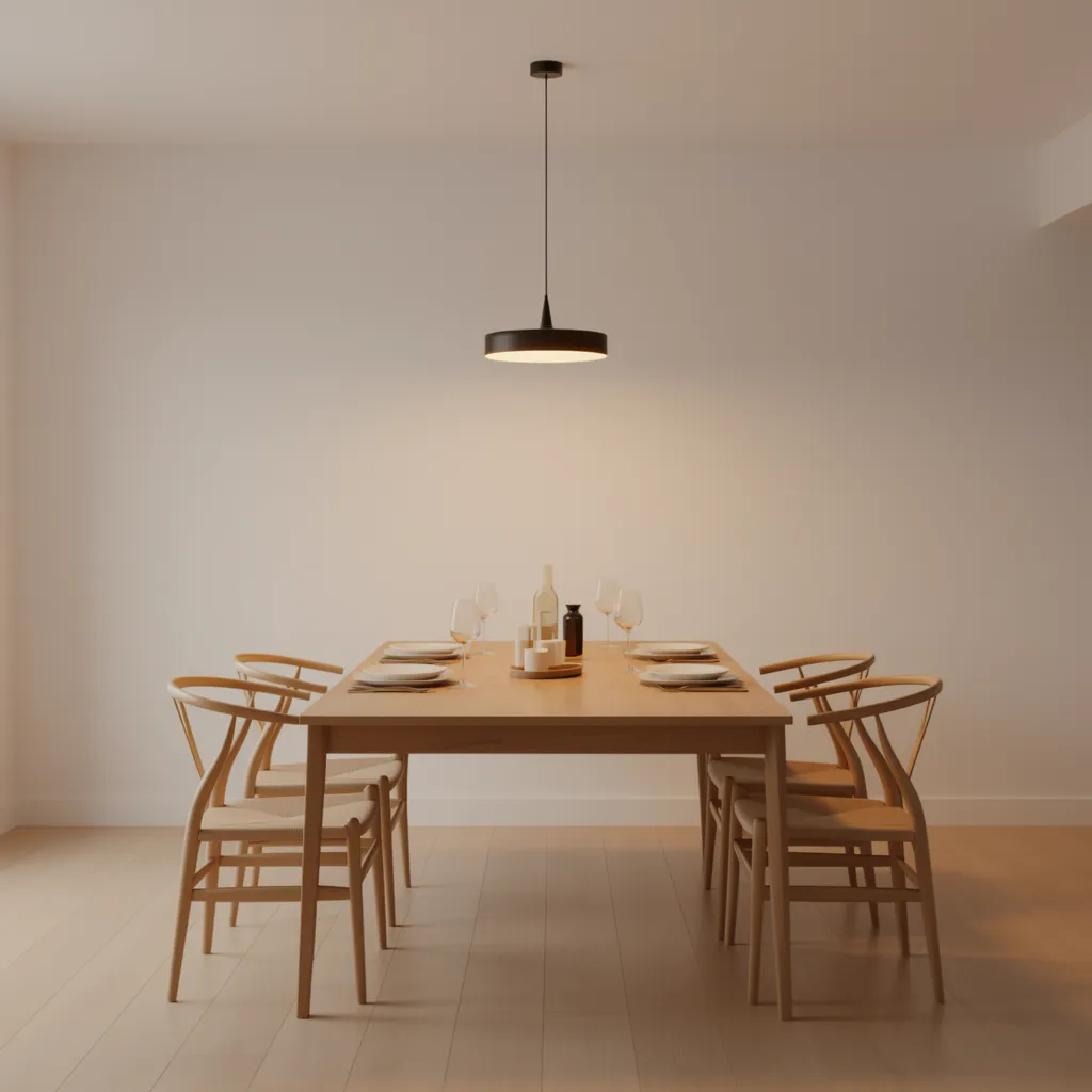 single pendant light hanging above dining table in a low ceiling dining room