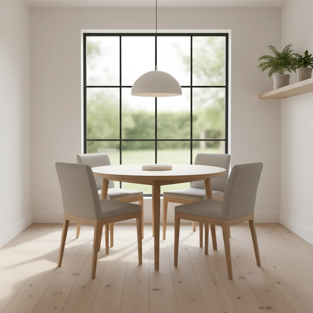 Pendant light centered above breakfast table in modern kitchen nook