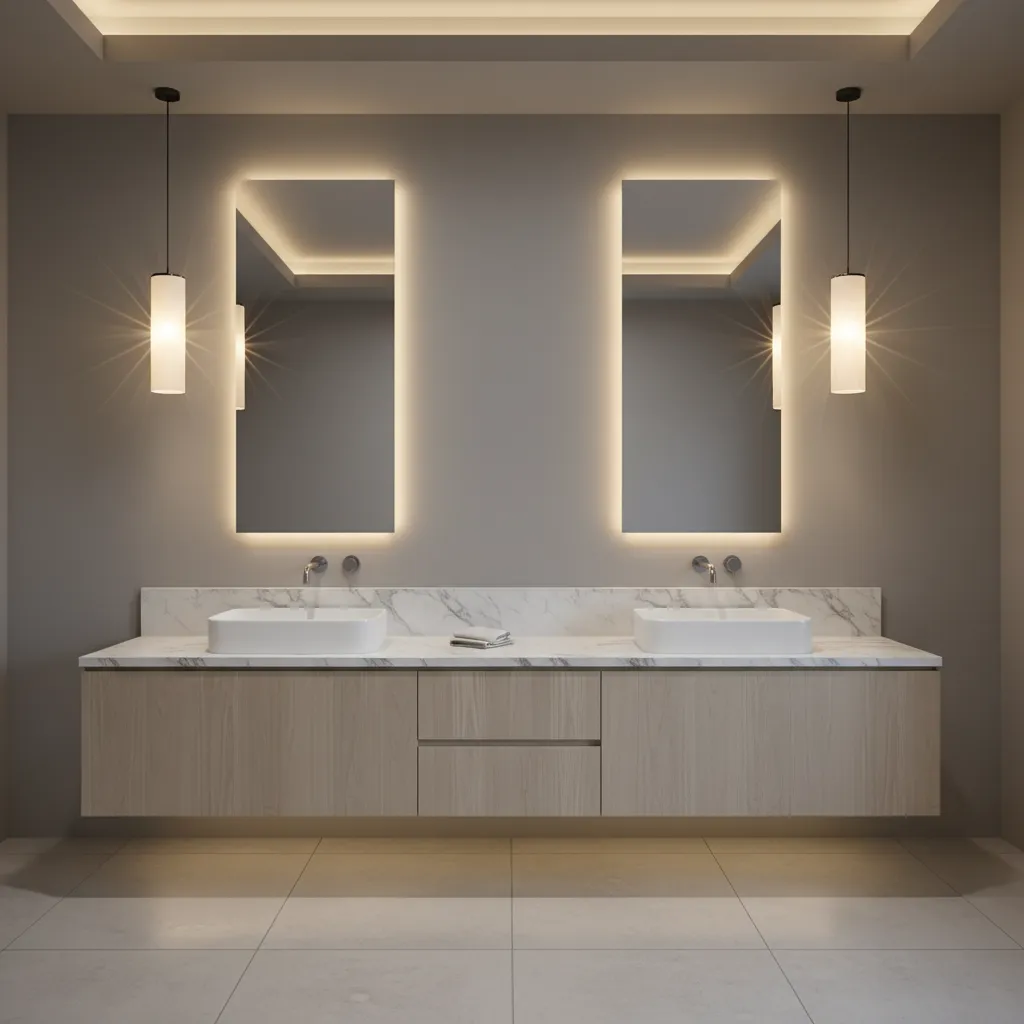 bathroom vanity with pendant lights hanging too low beside mirror