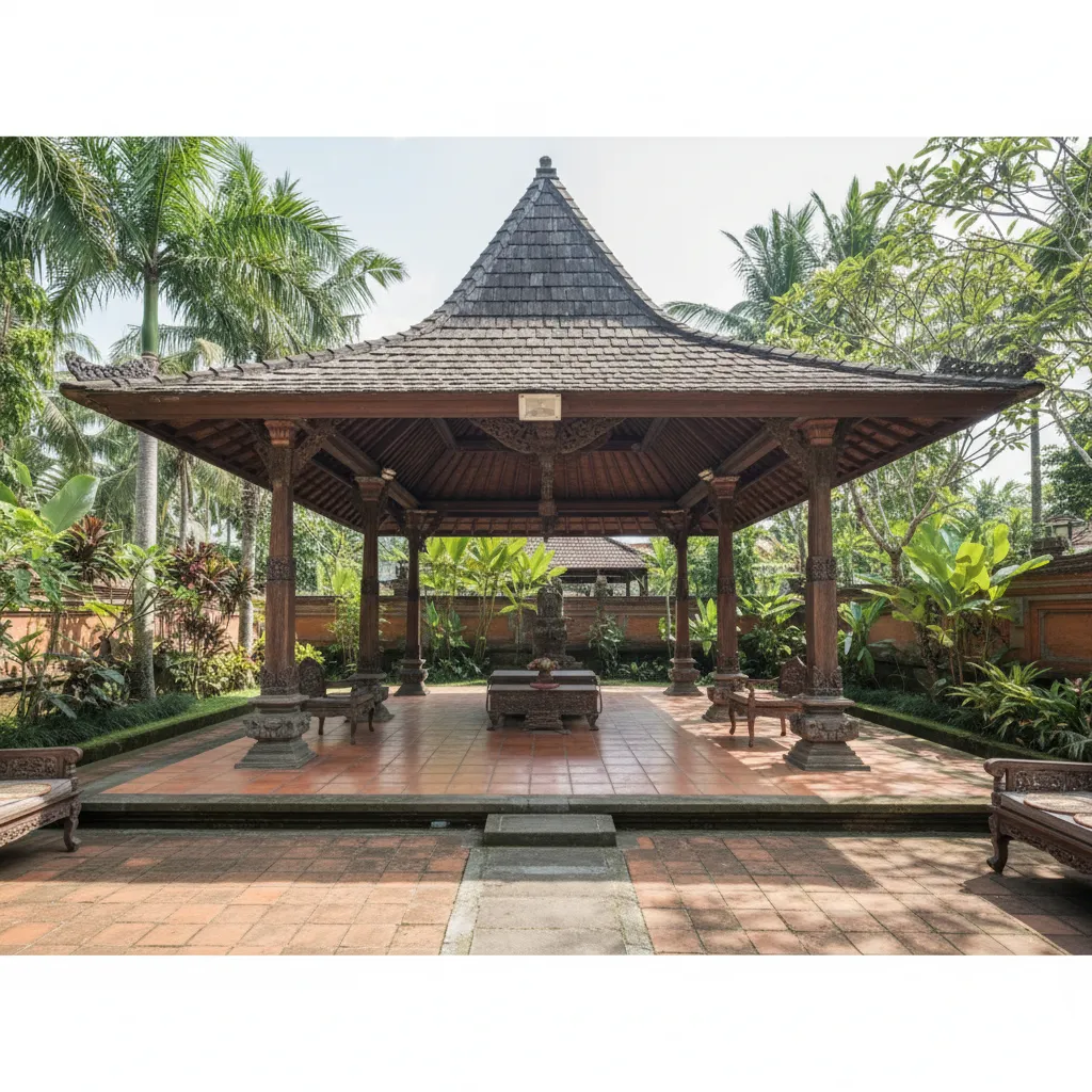 Traditional wooden outdoor pavilion with dark roof and tile floor surrounded by many green plants
