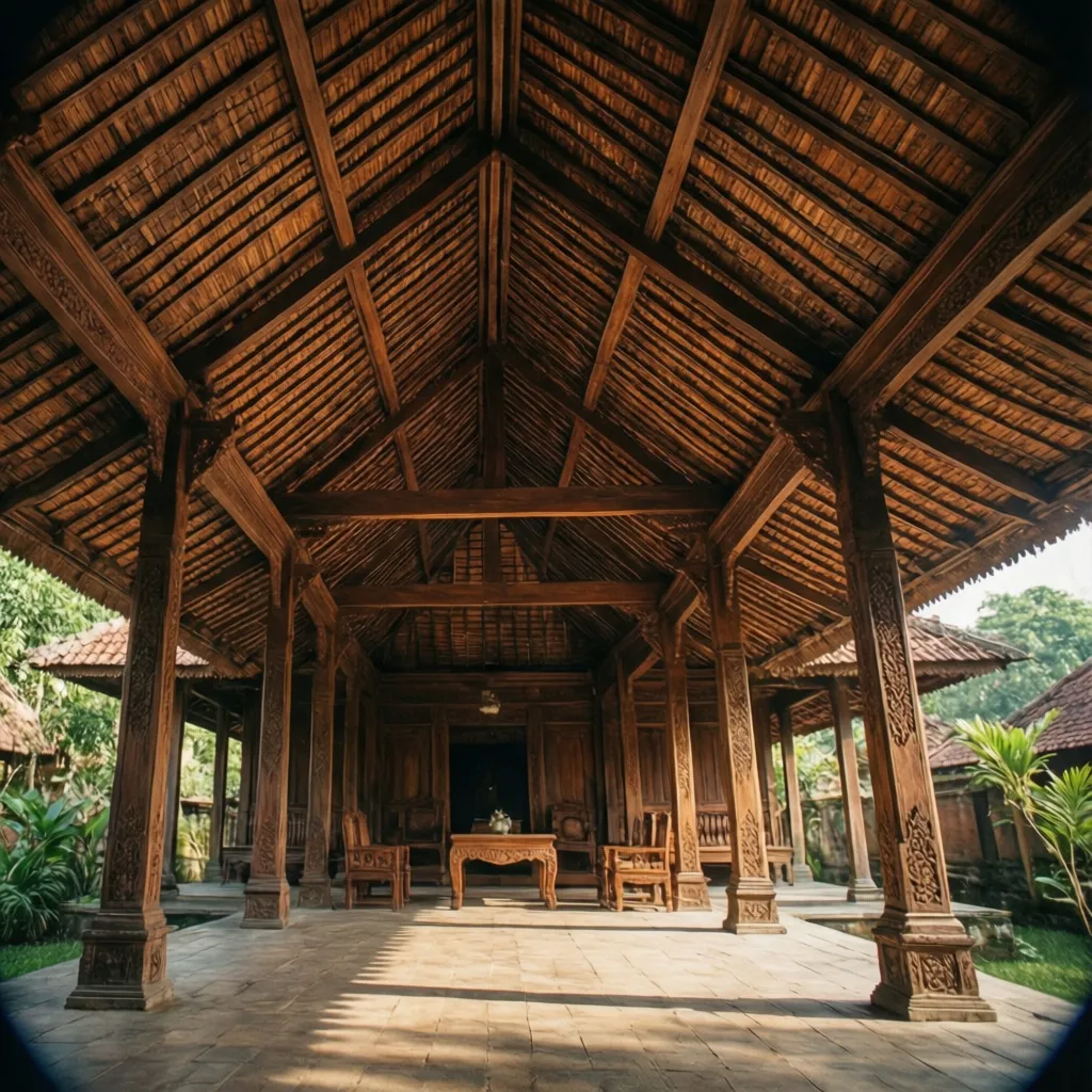 Pendopo rumah adat Jawa Tengah dengan struktur kayu terbuka