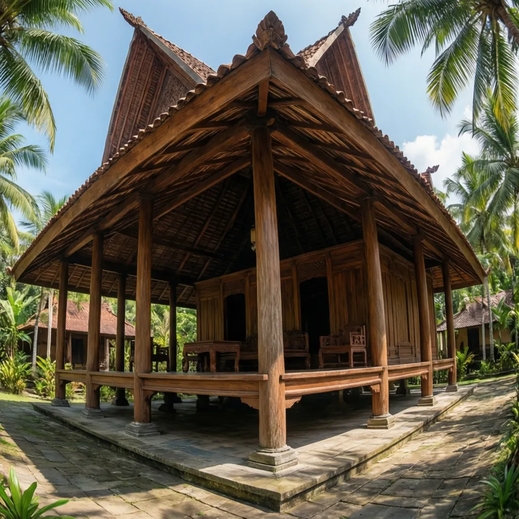 Pendopo rumah Joglo dengan tiang kayu dan ruang terbuka