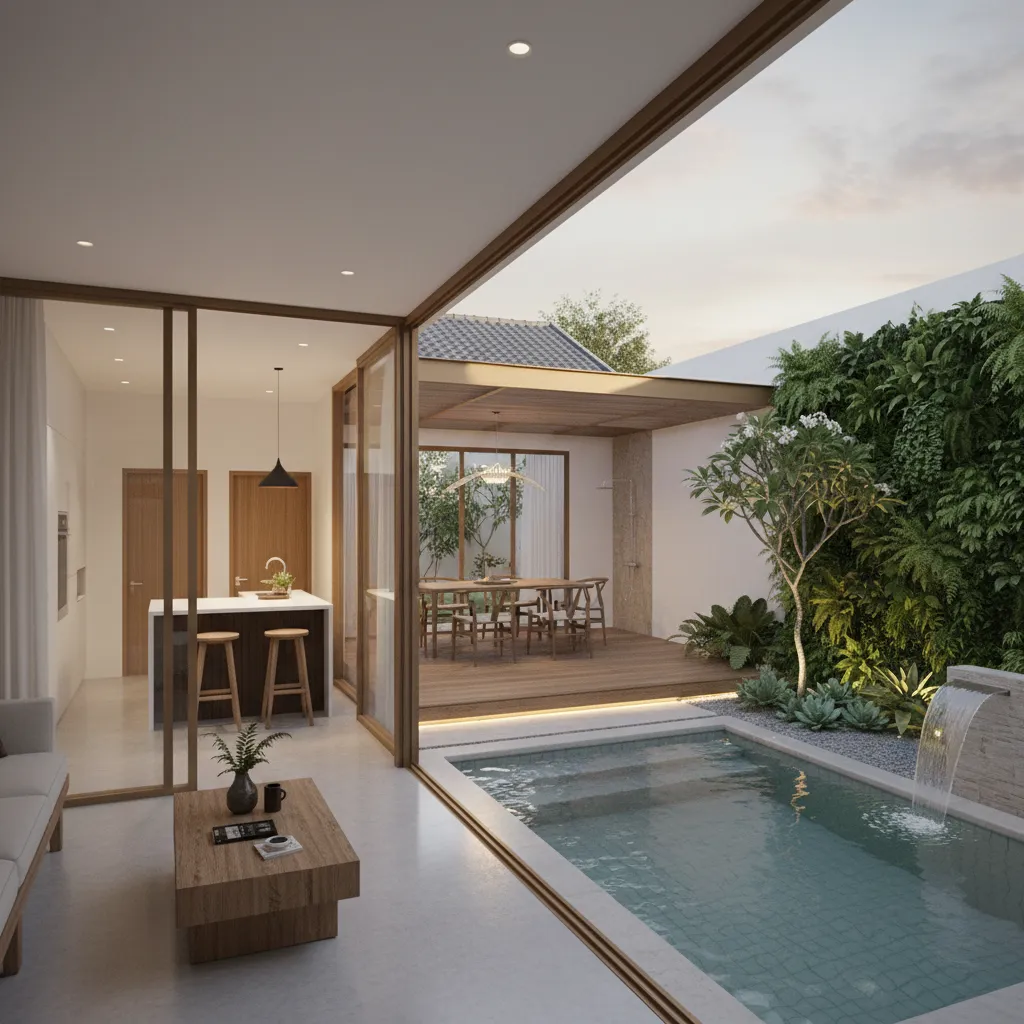 Modern outdoor living space featuring a small pool waterfall wooden deck dining area and plants