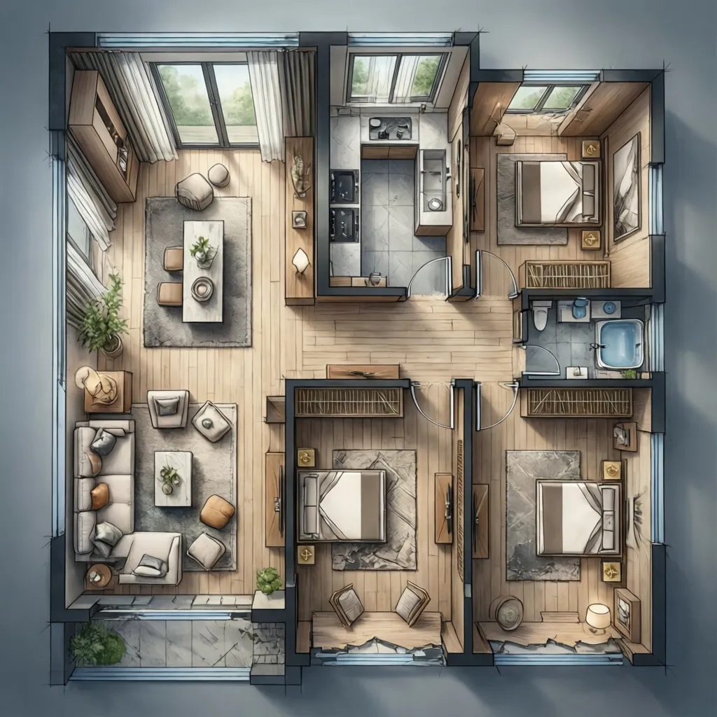 Detailed interior design drawing of a three bedroom apartment with wooden floors and soft lighting
