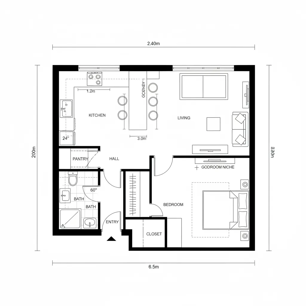 Kitchen Peninsula Buffer with Quiet Bedroom