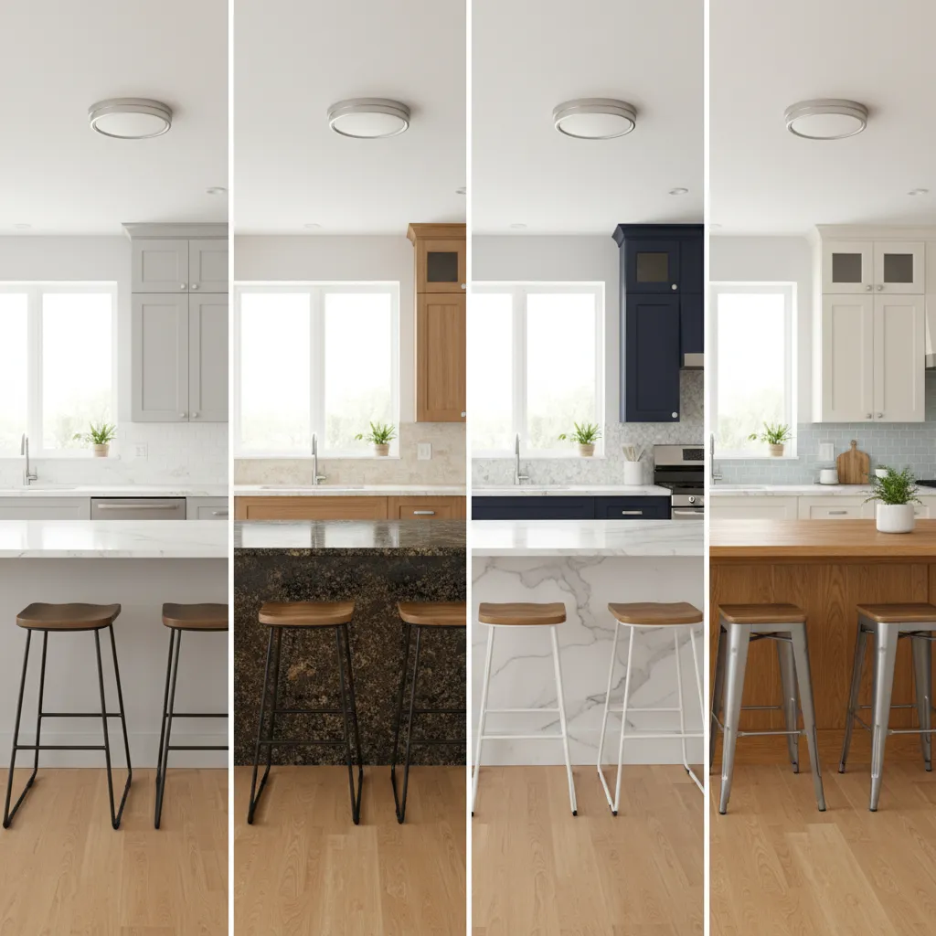 Different countertop materials displayed on modern peninsula kitchen layout