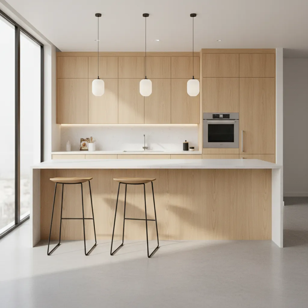 Modern peninsula kitchen layout connected to wall cabinets with bar seating