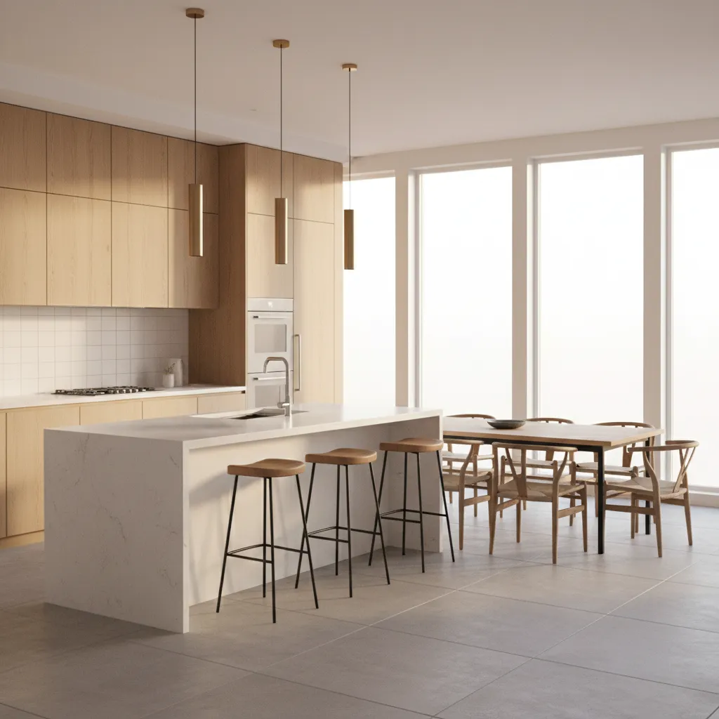 Open concept kitchen with peninsula separating kitchen and dining space