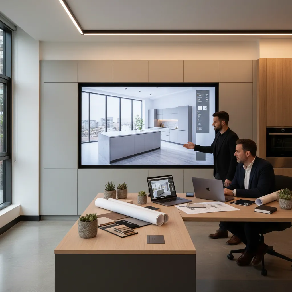 Kitchen renovation planning scene with peninsula layout visualization