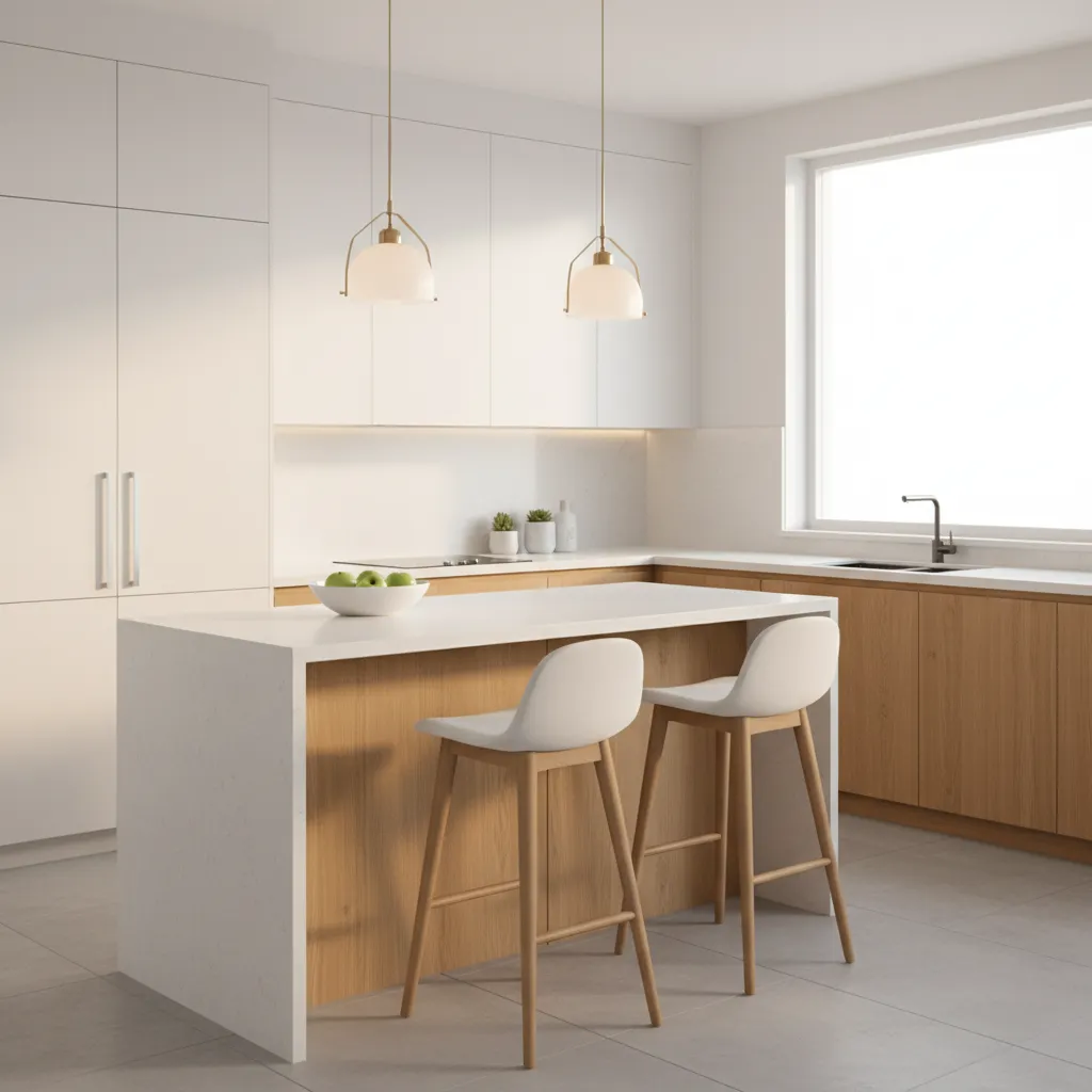 Peninsula kitchen seating with two well spaced bar stools