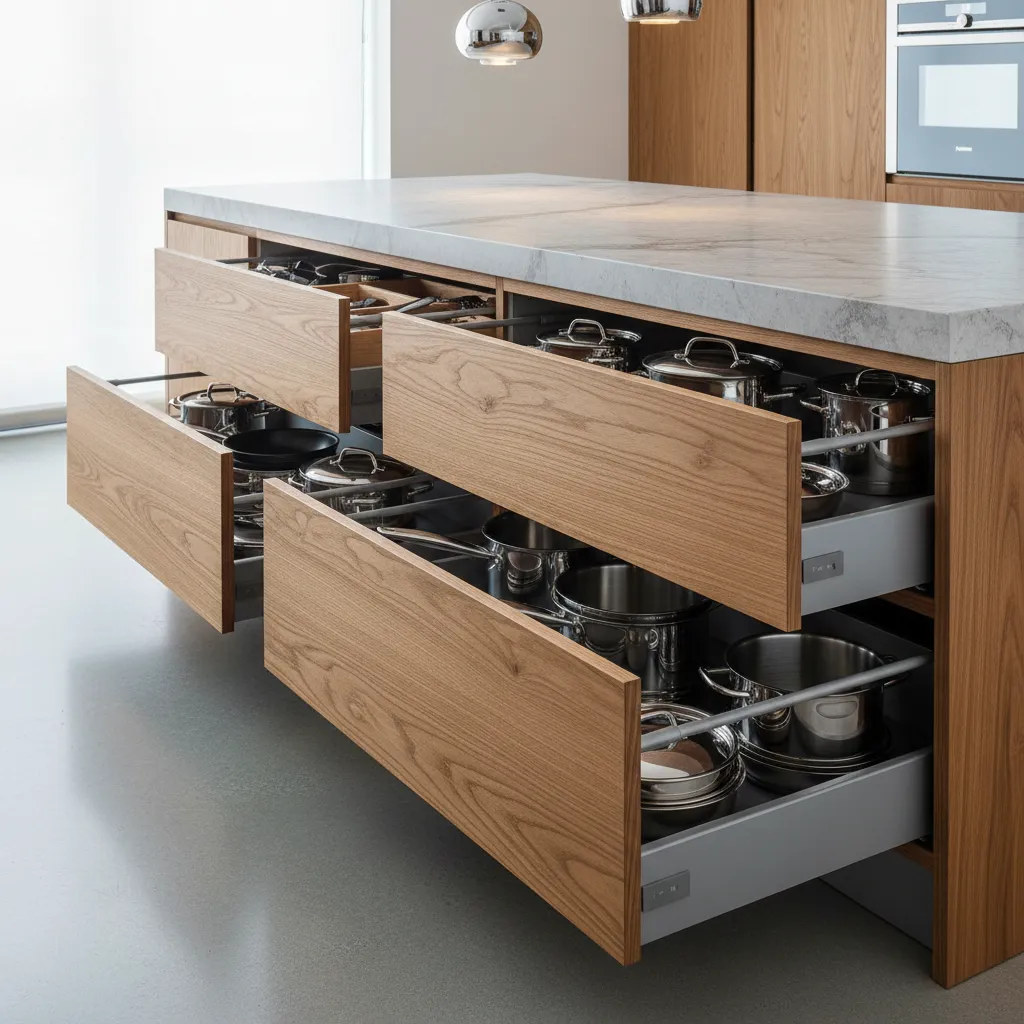 Kitchen peninsula cabinets with deep drawers for pots and kitchen storage