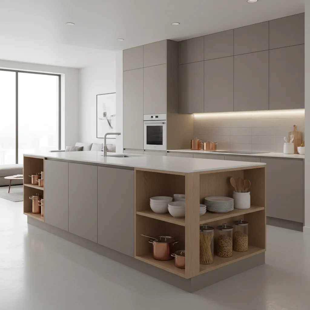 Peninsula kitchen showing smart storage cabinets and shelves