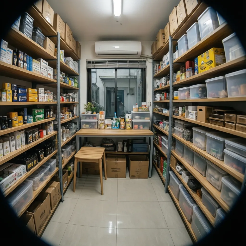 Area penyimpanan stok di belakang toko rumah