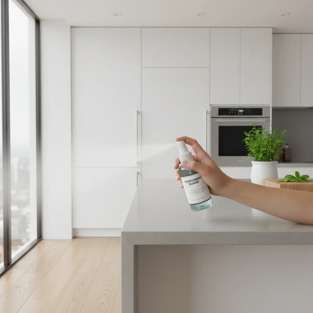 spraying peppermint oil solution along kitchen counter to repel ants