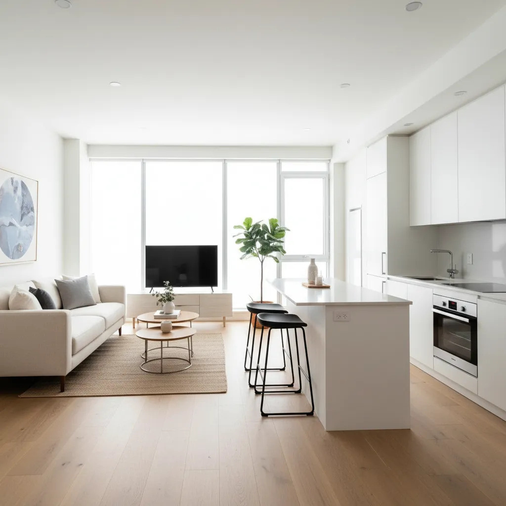 Interior de casa pequeña con sala y cocina integradas