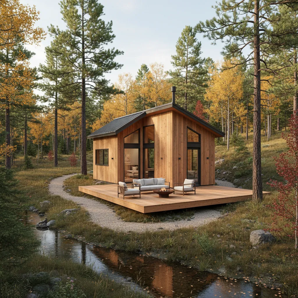 Small modern wooden cabin in a forest with outdoor deck fire pit and nearby stream