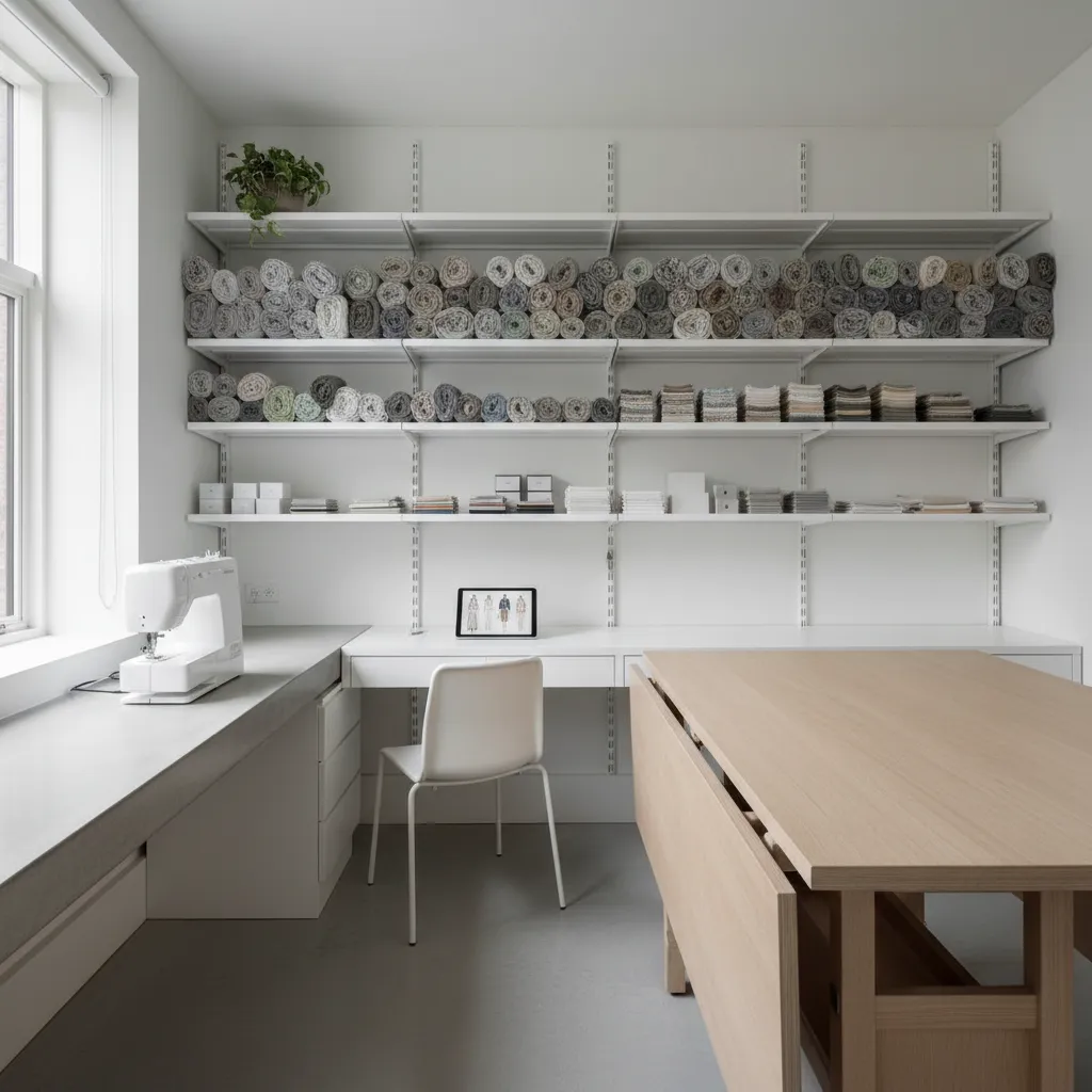 Pequeño estudio de moda en casa con diseño blanco minimalista