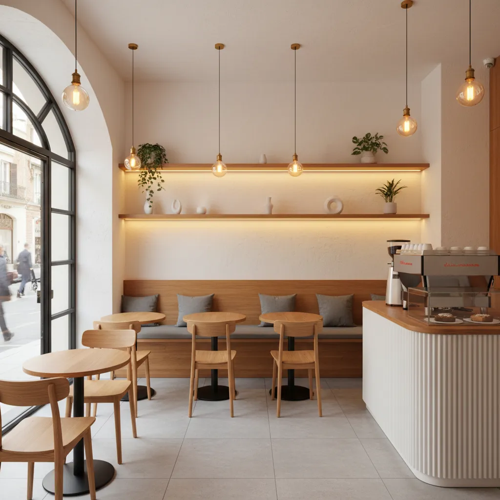 Pequeña cafetería con diseño coherente de interior y mobiliario