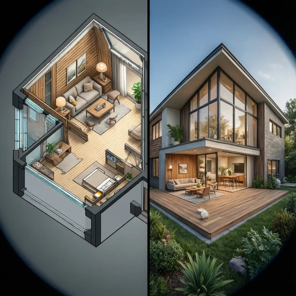 Perbandingan denah rumah 2D dan model rumah 3D