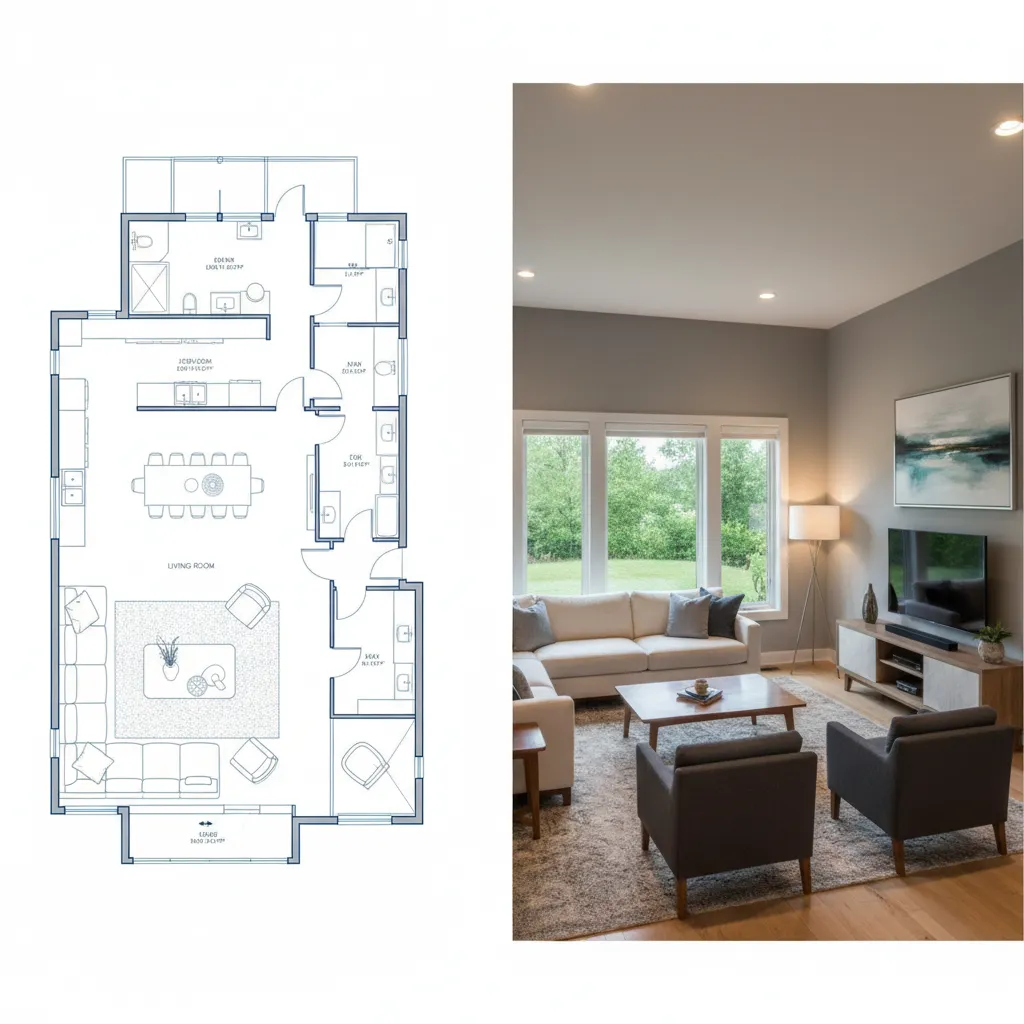 Comparison showing a blue 2D floor plan sketch next to a finished living room interior drawing